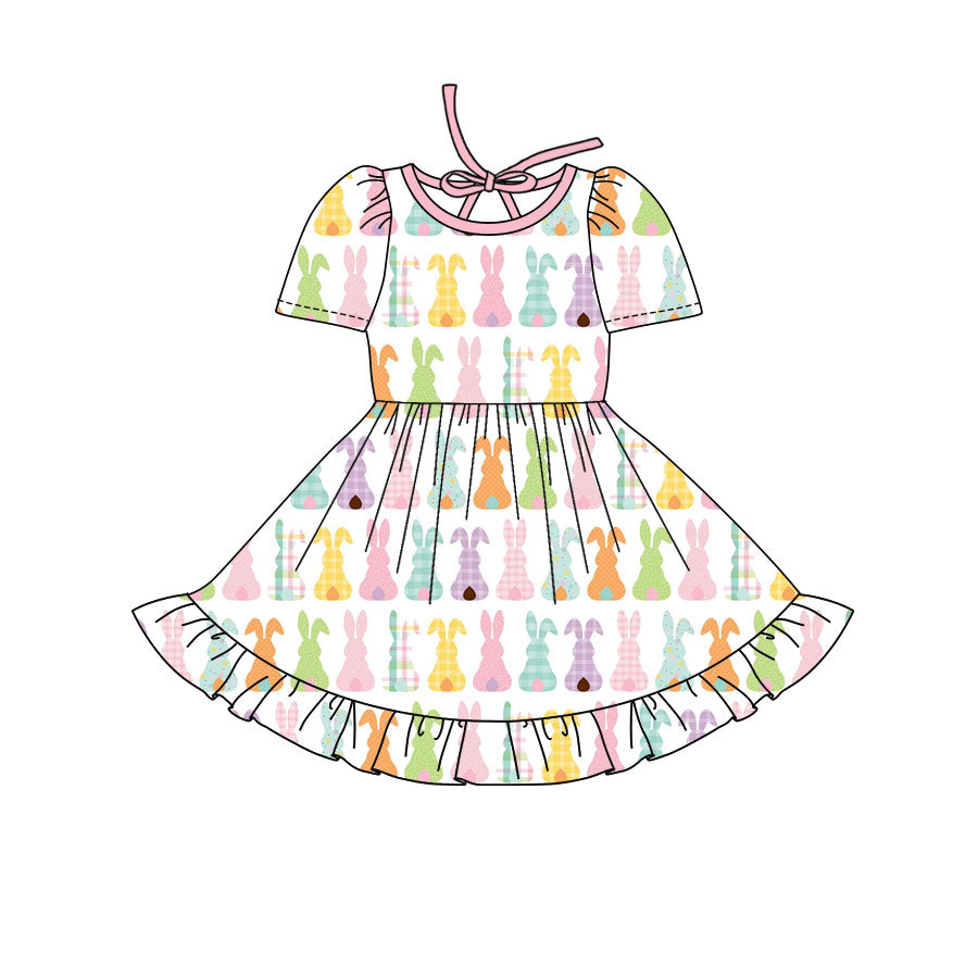 Preorder(moq 8)Baby Girls Colorful Rabbits Stripe Easter Ruffle Knee Length Dresses