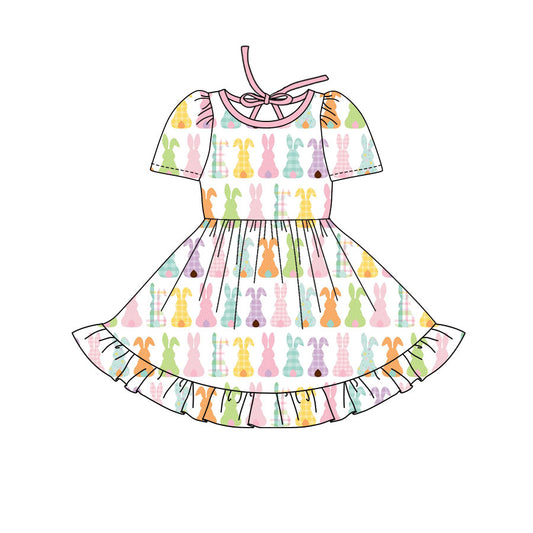 Preorder(moq 8)Baby Girls Colorful Rabbits Stripe Easter Ruffle Knee Length Dresses