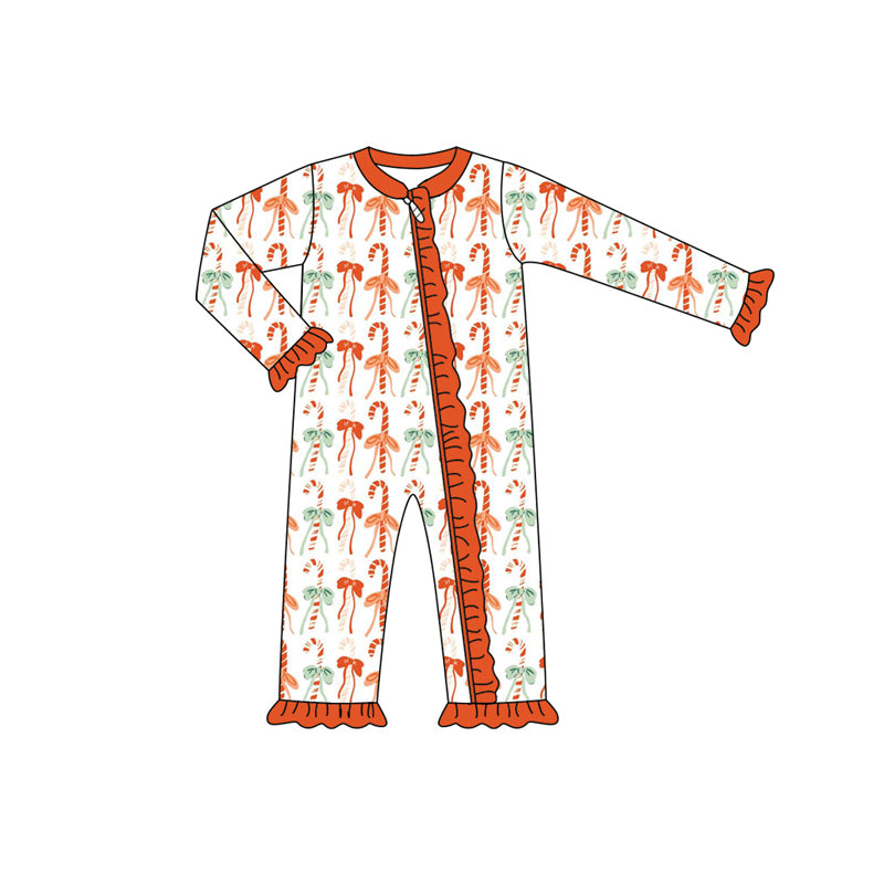 Preorder (moq 5)Baby Girls Long Sleeves Orange Bows Candy Cane Zipper Pant Rompers