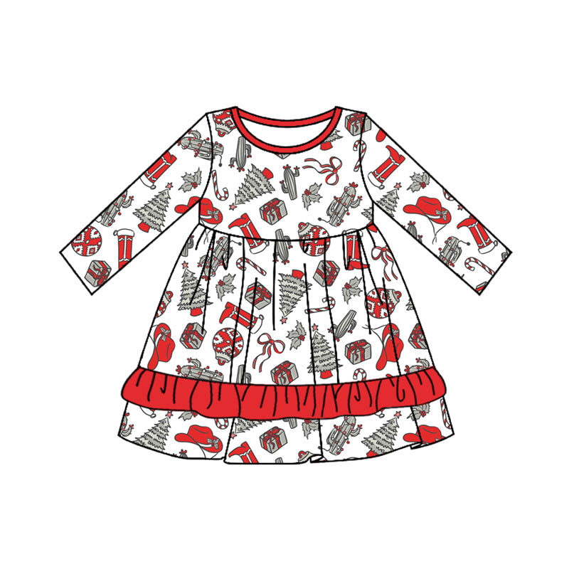 Preorder moq 5 Baby Girls Long Sleeves Boots Trees Ruffle Knee Length Dresses