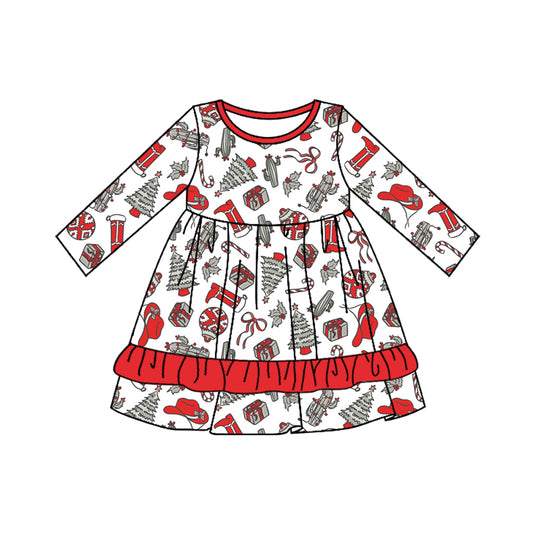 Preorder moq 5 Baby Girls Long Sleeves Boots Trees Ruffle Knee Length Dresses