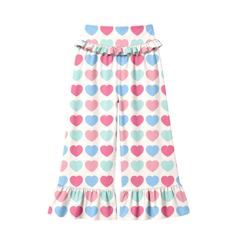 Preorder (moq 5) Women Clothes Pastel Multicolor Heart Print High Waist Ruffle Hem Wide Leg Pants