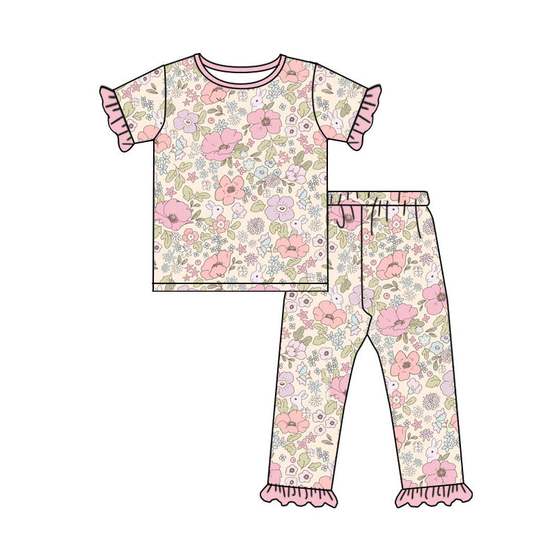 Preorder (moq 5)Baby Girls Flowers Rabbits Top Ruffle Pants Easter Pajamas Sets