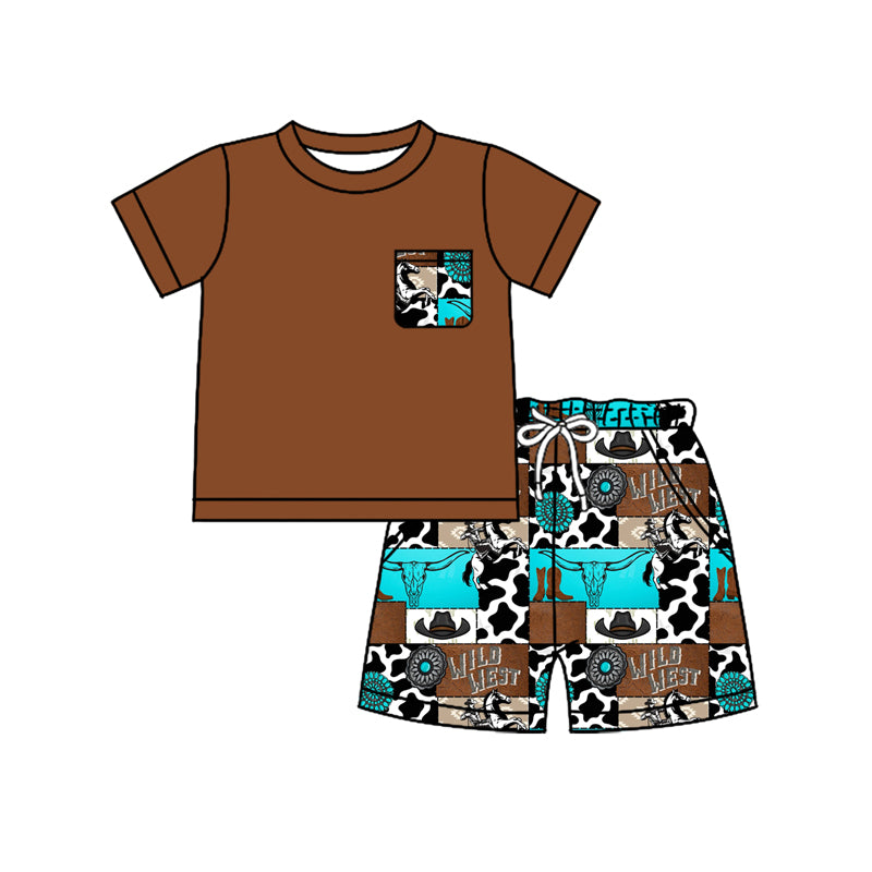 Preorder moq 5 Baby Boys Brown Short Sleeves Pocket Top Bull Skull Cow Print Short Set
