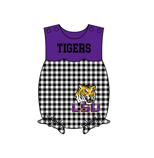 Preorder (moq 5)Baby Girls Sleeveless LSU Tigers Ruffle Rompers