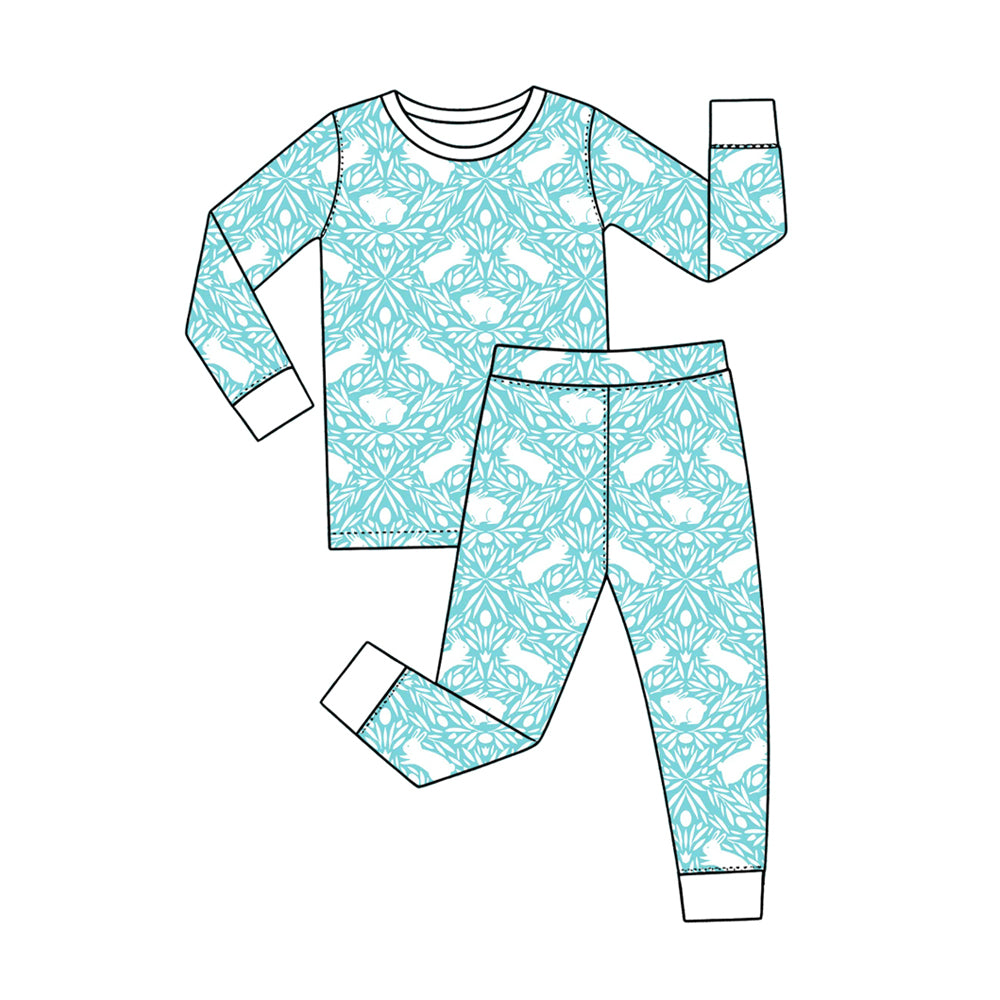 Preorder (moq 5) Baby Girl Clothes Easter Light Blue Rabbit Floral Mixed Print Long Sleeve Pajama Set