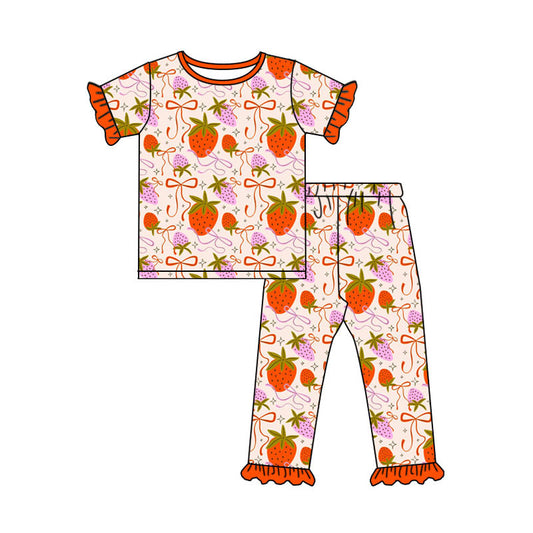 Preorder(moq 8)Baby Girls Bows Strawberry Top Ruffle Pants Pajamas Sets