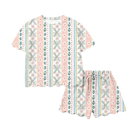 Preorder (moq 5)Baby Girls Short Sleeve Flowers Stripe Top Scallop Shorts Clothes Sets