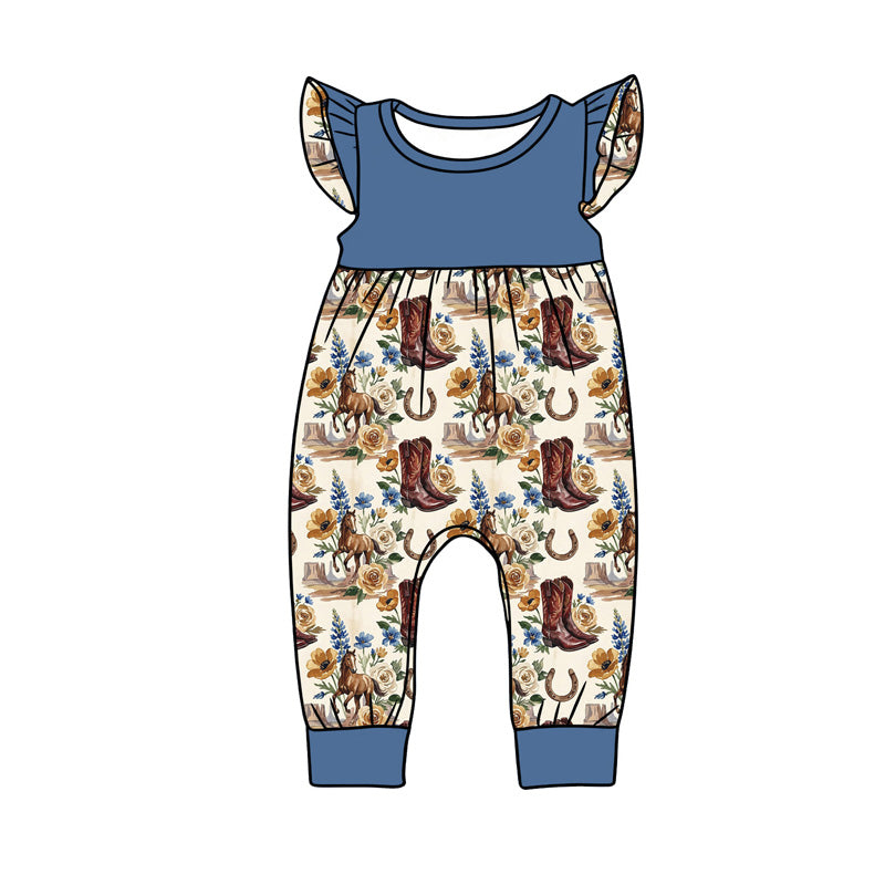 preorder(moq 5) Baby Girls Flutter Sleeve Navy Boots Horses Western Rompers