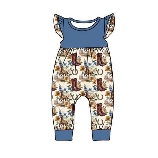 preorder(moq 5) Baby Girls Flutter Sleeve Navy Boots Horses Western Rompers