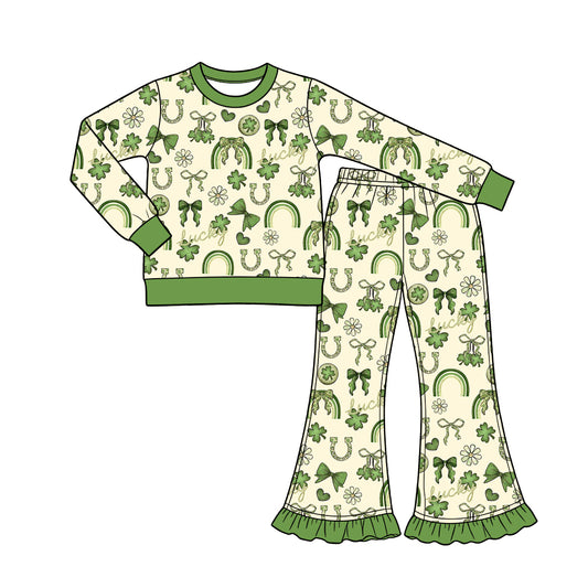 Preorder (moq 5) Baby Girl Clothes St Patrick Lucky Horseshoe Bow Allover Print Long Sleeve Top Ruffle Flare Pant Set