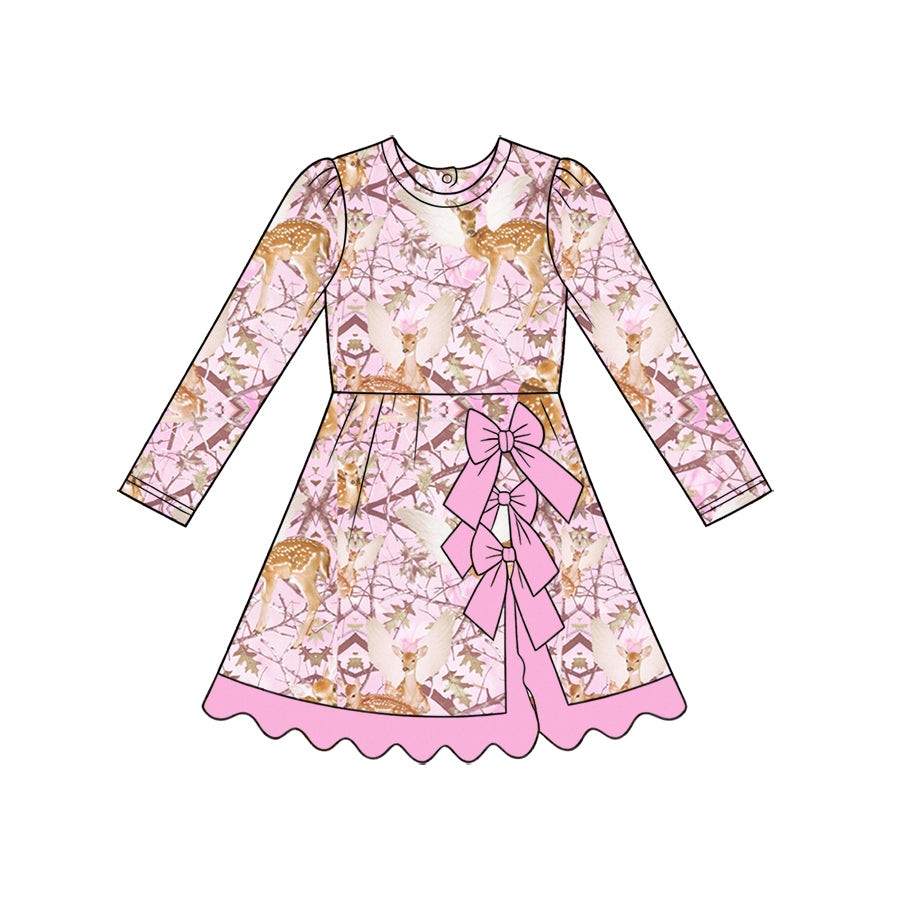Preorder (moq 5) Baby Girl Clothes Winged Deer Pink Camo Mixed Print Long Sleeve Scalloped Hem Dress