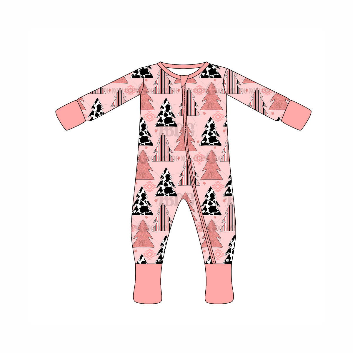 Preorder moq 10 Baby Kids Pink Long Sleeves Aztec Trees Zipper Pant Rompers