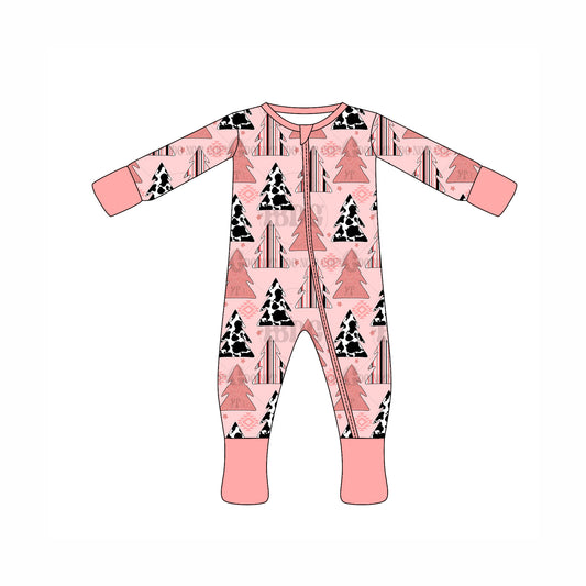 Preorder moq 10 Baby Kids Pink Long Sleeves Aztec Trees Zipper Pant Rompers