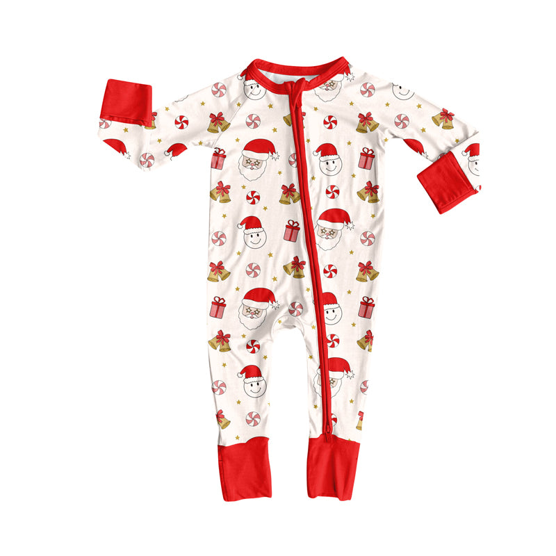 Preorder (moq 20)Baby Girls Bamboo Red Santa Gifts Candy Christmas Zippy Footie Rompers