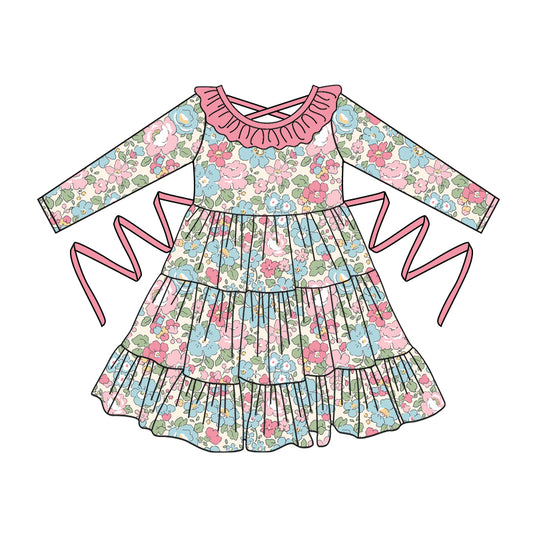 Preorder moq 5 Baby Girls Long Sleeves Pink Floral With Belt Ruffle Knee Length Dresses