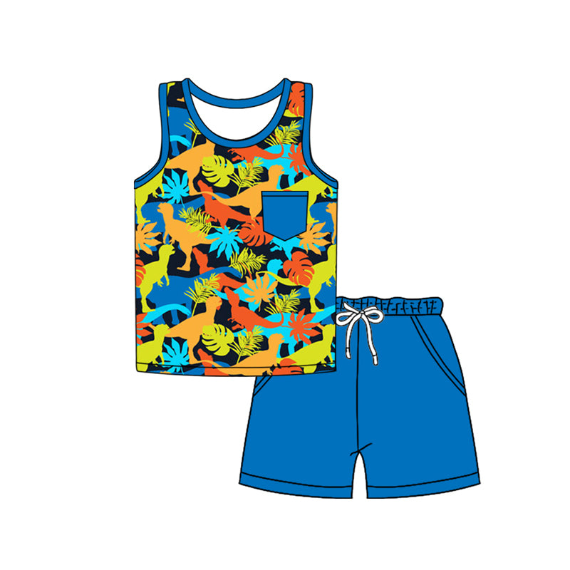 Preorder moq 5 Baby Boys Blue Sleeveless Colorful Dinosaurs Pocket Top Short Set