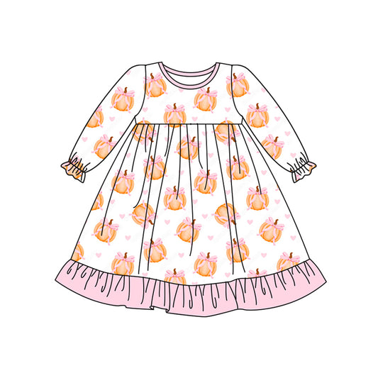 Preorder (moq 5)Baby Girls Long Ruffle Sleeves Hearts Bow Pumpkins Plaid Knee Length Dresses