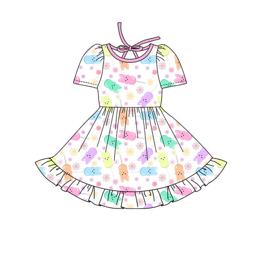 Preorder(moq 8)Baby Girls Colorful Rabbits Flowers Easter Ruffle Knee Length Dresses