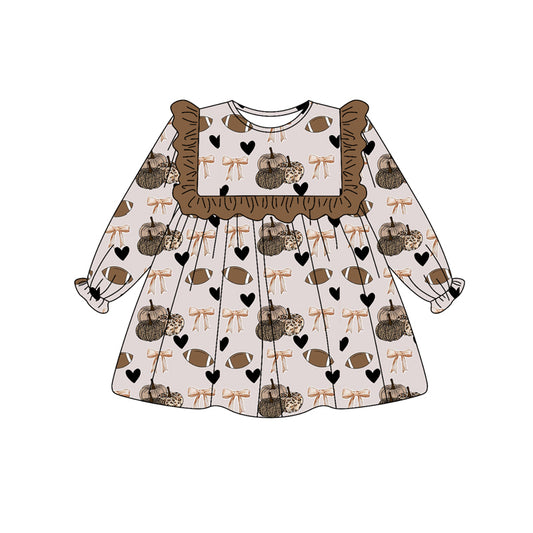 Preorder (moq 5)Baby Girls Lavender Long Ruffle Sleeves Bows Pumpkins Hearts Knee Length Dress