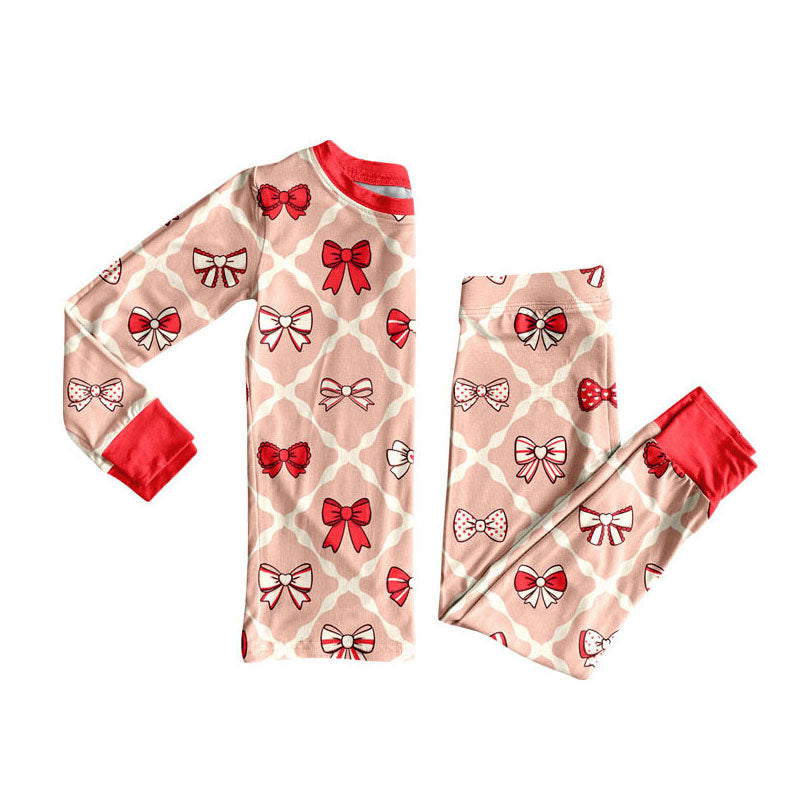 Preorder(moq 8)Baby Girls Long Sleeve Bows Checked Top Pants Pajamas Sets