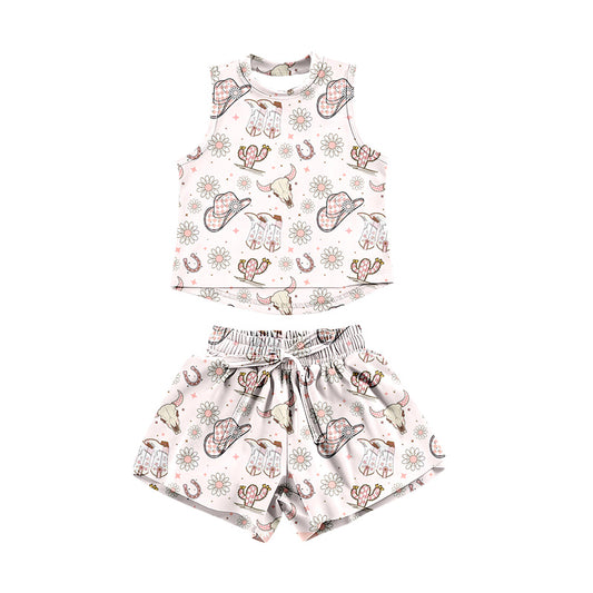 Preorder (moq 5)Baby Girls Boots Bull Skulls Top Shorts Western Clothes Set