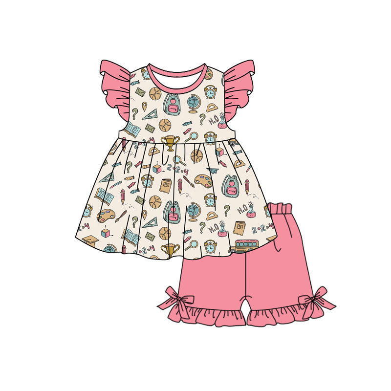 Preorder (moq 5)Baby Girls Pencils Bags Tunic Ruffle Short Back to School Clothes Sets