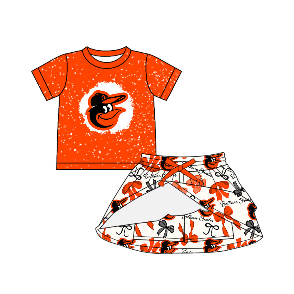 Preorder (moq 5)Baby Girls Orange Short Sleeves Baltimre Top Bows Plaid Skorts Team Set
