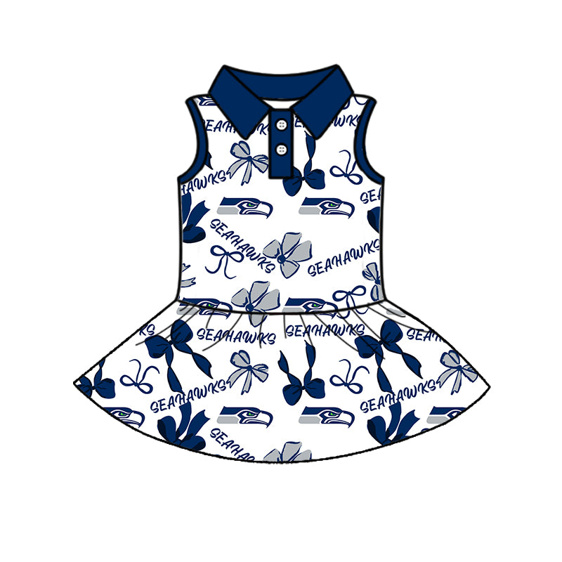 Preorder (moq 5)Baby Girls Blue Sleeveless Bows Plaid Seahawks Button Team Knee Length Dresses