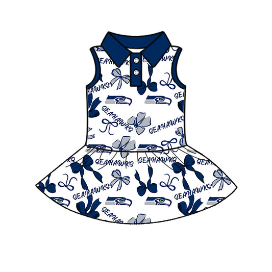 Preorder (moq 5)Baby Girls Blue Sleeveless Bows Plaid Seahawks Button Team Knee Length Dresses