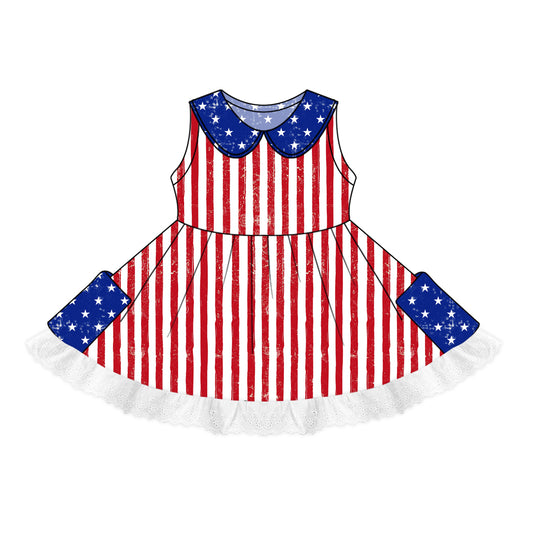 Preorder (moq 5)Baby Girls 4th Of July Stripes Pockets Twirl Dresses