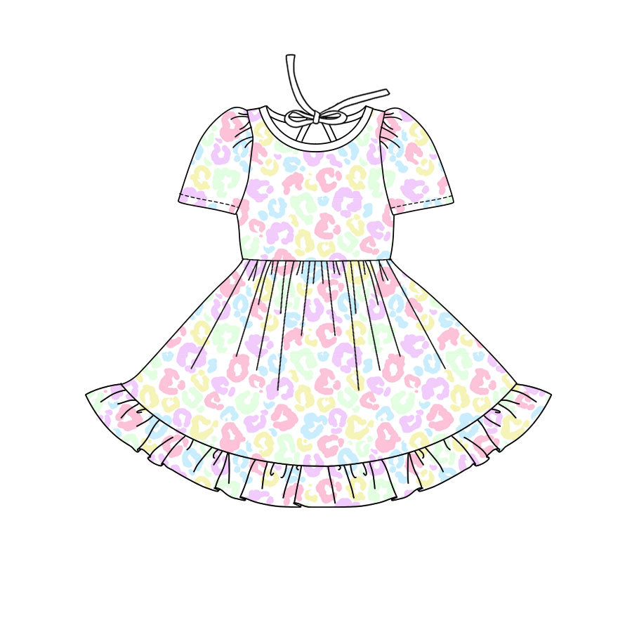 Preorder(moq 8)Baby Girls Colorful Leopard Ruffle Knee Length Dresses
