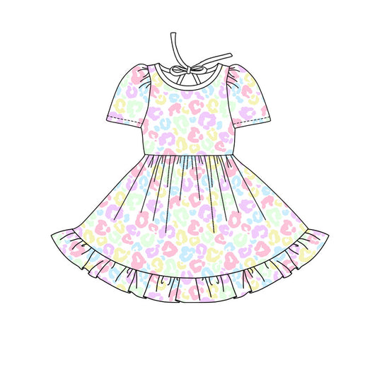 Preorder(moq 8)Baby Girls Colorful Leopard Ruffle Knee Length Dresses