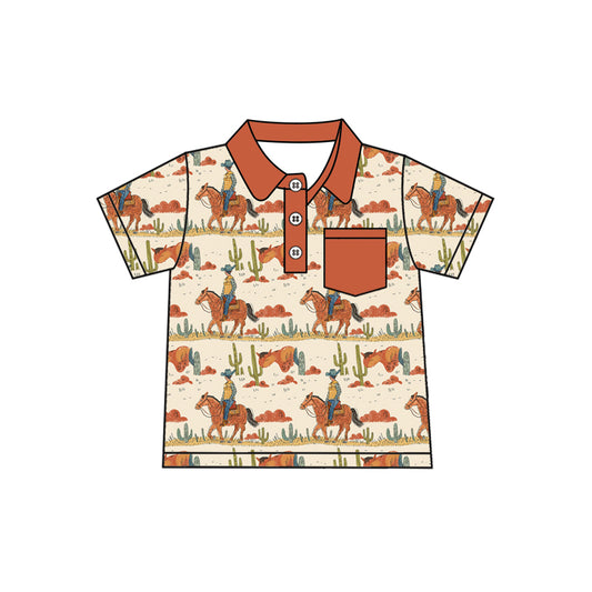 Preorder (moq 5)Baby Boys Brown Horse Rodeos Short Sleeves Button Pocket Pullovers Tee Shirts