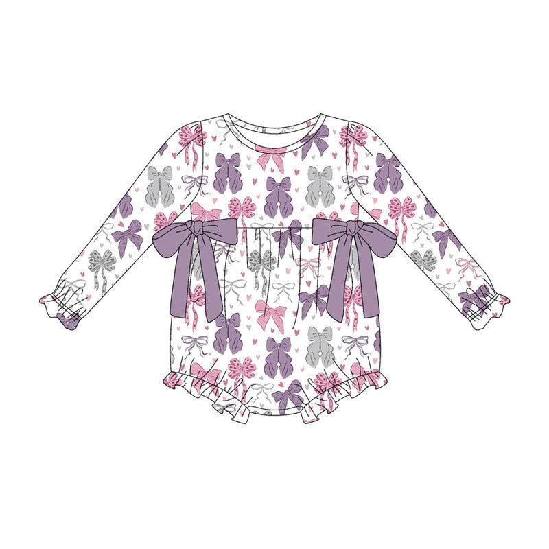 Preorder (moq 8)Baby Girls Pink Purple Hearts Bows Valentine Ruffle Rompers