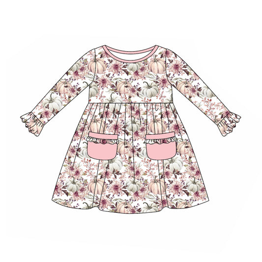 Preorder (moq 5)Baby Girls Long Sleeves Pink Floral Pumpkins Pockets Ruffle Knee Length Dress