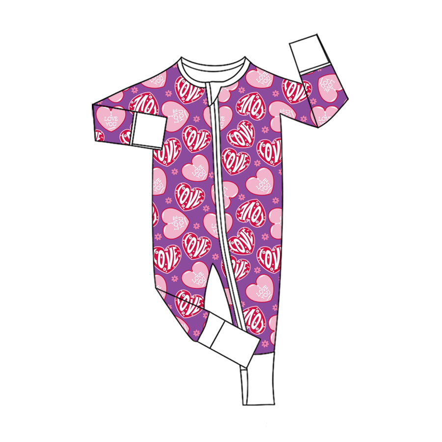 Preorder moq 5 Baby Girls’ Fall Valentine’s Day Purple Heart Long-Sleeve Hooded Romper