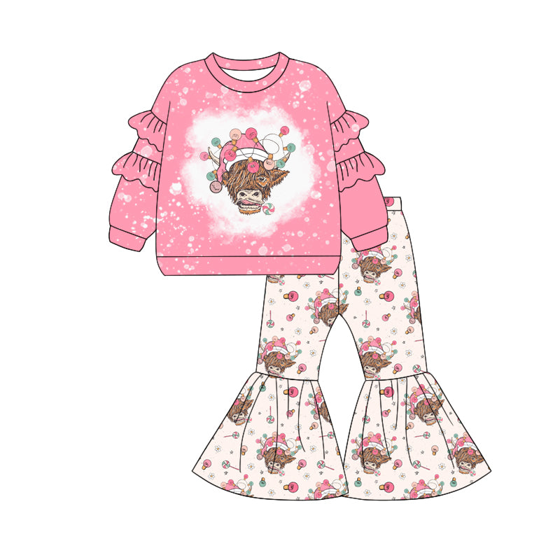 Preorder (moq 5)Baby Girls Long Sleeves Light Highland Cows Top Bell Bottom Pant Set