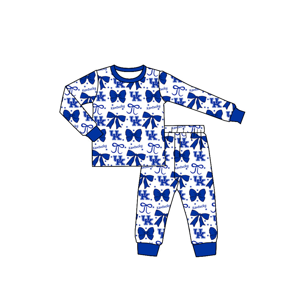 Preorder (moq 5)Baby Girls Blue Kentucky UK Team Bows Top Pants Pajamas Sets