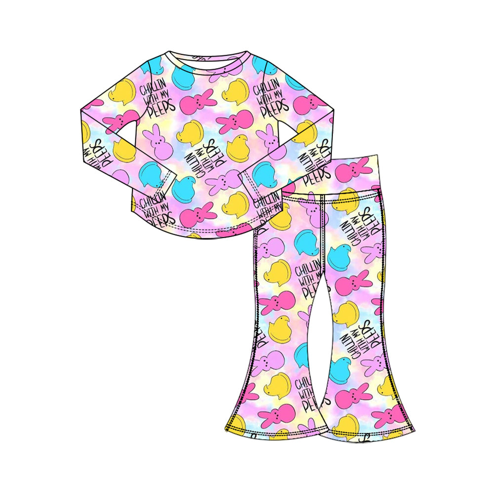 Preorder (moq 5) Baby Girl Clothes Easter Chillin With My Peeps Tie Dye Bunny Chick Print Long Sleeve Flare Pant Set