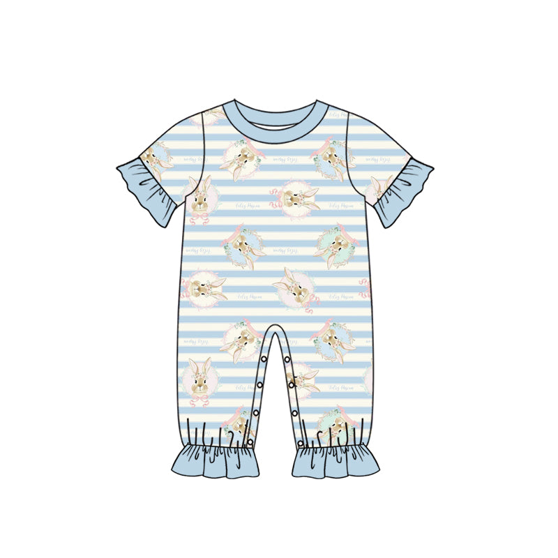 Preorder (moq 5) Baby Girl Clothes Easter Bunny Vintage Blue Stripe Print Short Sleeve Ruffle Baby Romper Jumpsuit