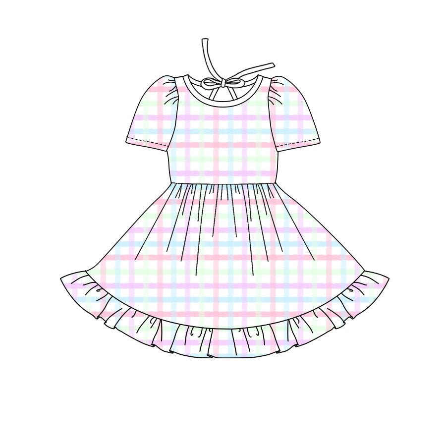 Preorder(moq 8)Baby Girls Pink Blue Checked Ruffle Knee Length Dresses
