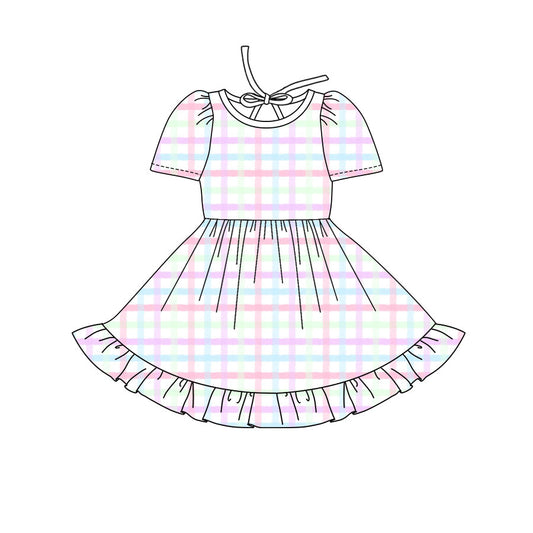 Preorder(moq 8)Baby Girls Pink Blue Checked Ruffle Knee Length Dresses