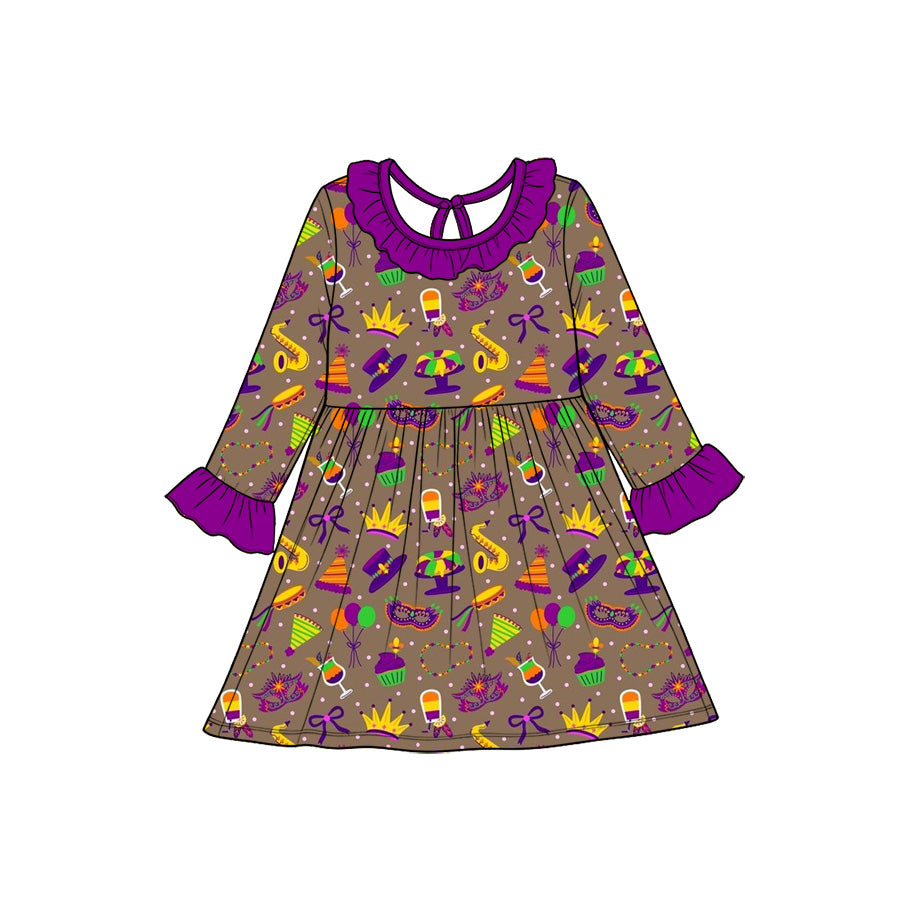 Preorder(moq5) Baby Girl Clothes Mardi Gras Party Element Print Long Sleeve Ruffle Collar Dress