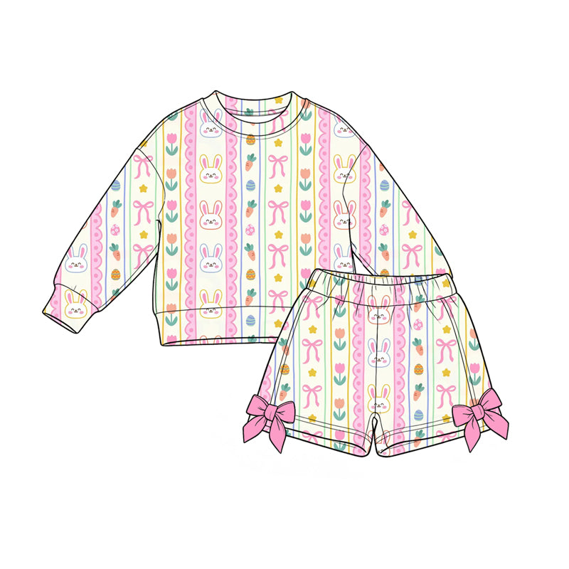Preorder(moq5) Toddler Girls Easter Casual 2-Piece Outfit Bunny Egg Print Long-Sleeve Sweatshirt Bow Short Kids Clothing Set