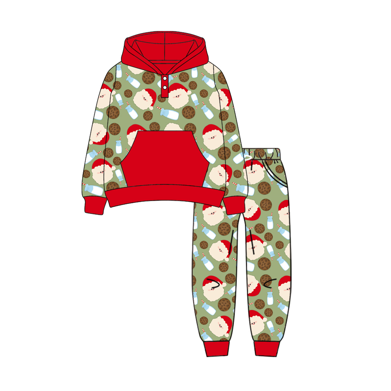 Preorder (moq 5)Baby Boys Green Long Sleeves Santa Milk Button Pockets Hoodies Top Legging Pants Set