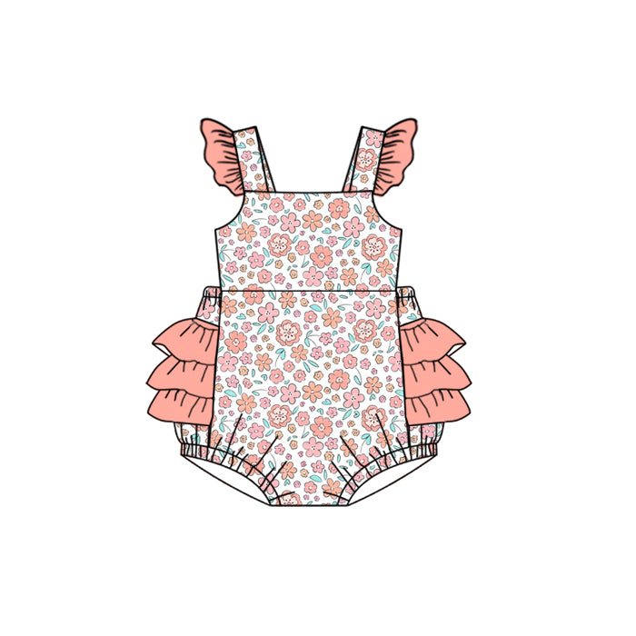 Preorder moq 5 Baby Girls Pink Flutter Sleeves Floral Bubble Ruffle Rompers