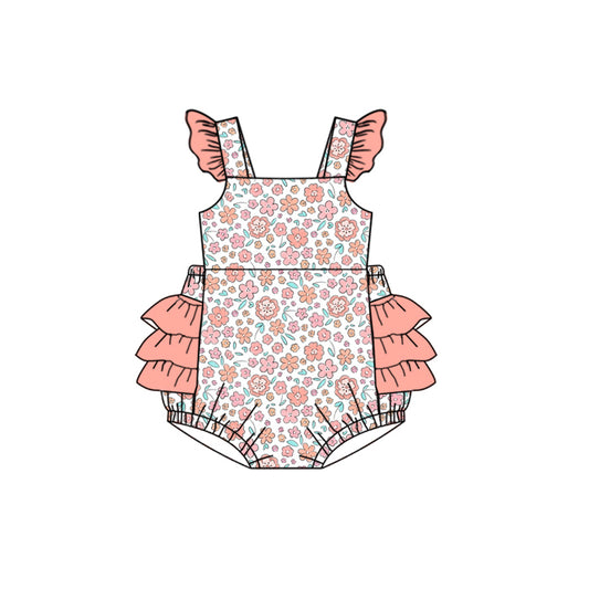 Preorder moq 5 Baby Girls Pink Flutter Sleeves Floral Bubble Ruffle Rompers