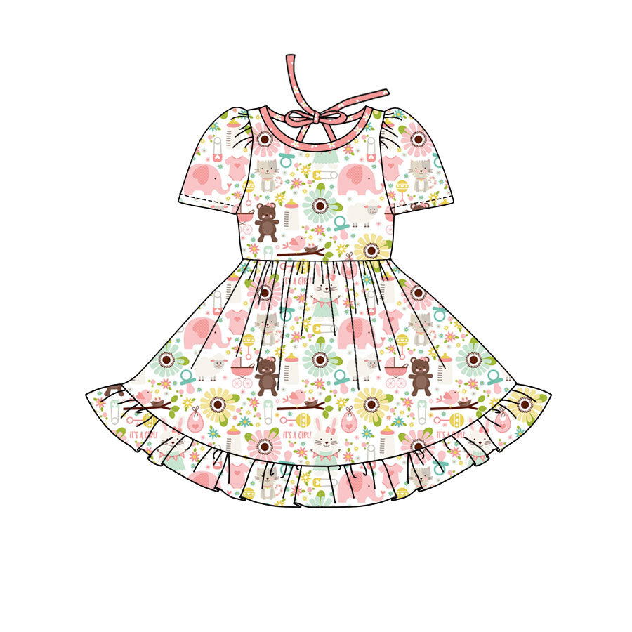 Preorder(moq 8)Baby Girls Flowers Animals Ruffle Knee Length Dresses