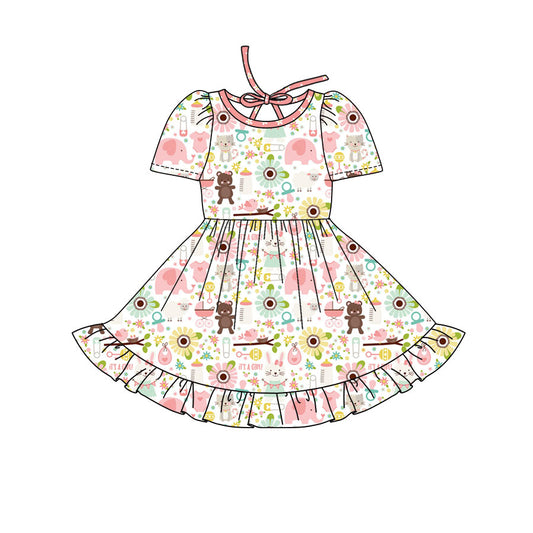 Preorder(moq 8)Baby Girls Flowers Animals Ruffle Knee Length Dresses